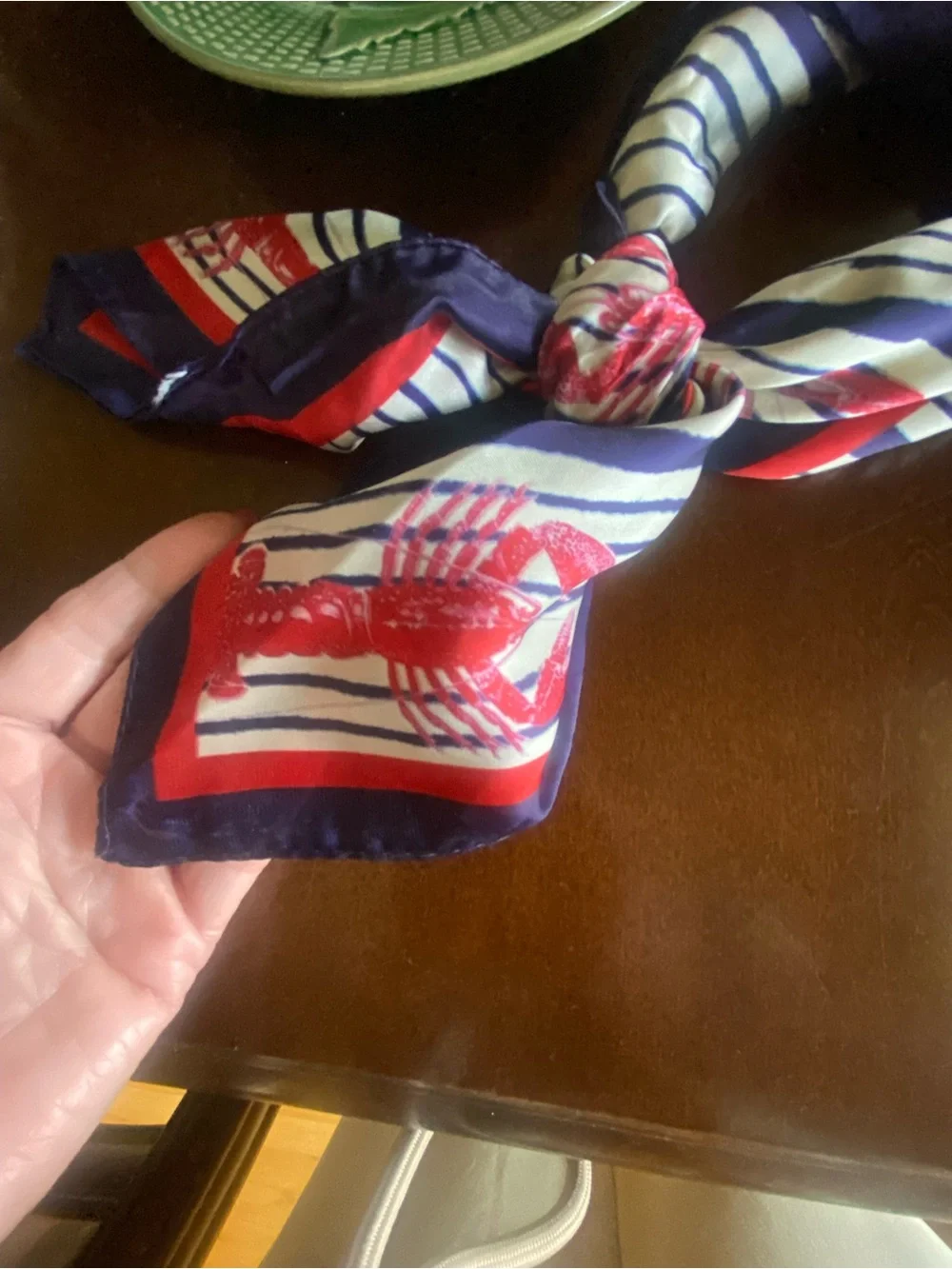 Trendy Red Crochet Lobster Keychain with Navy & White & Red Lobster scarf.